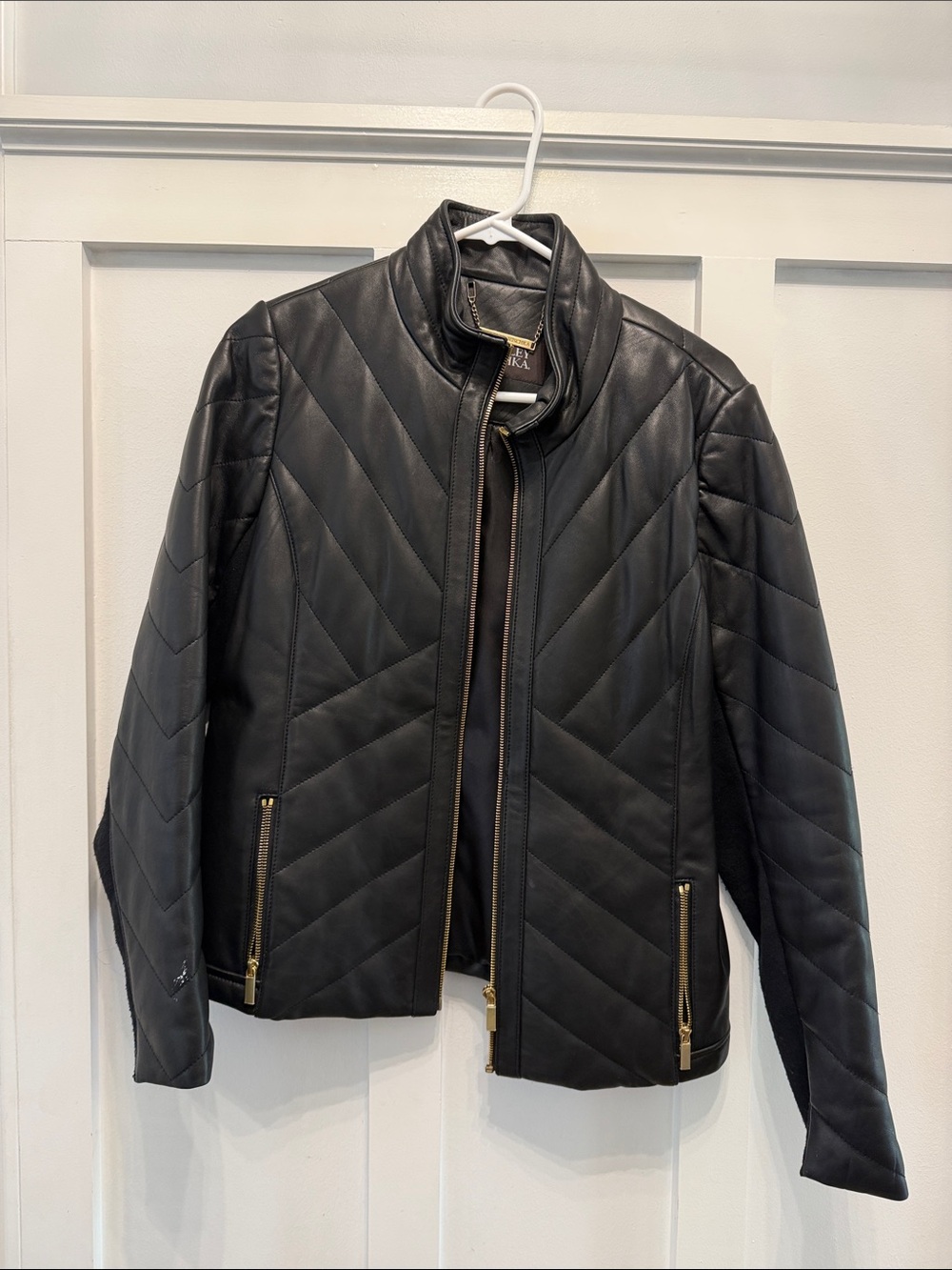 Badgley Mischka Black Quilted Leather Jacket with Gold Hardware
